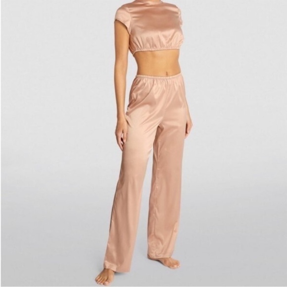 Skims Pink Satin Shine Cropped Woven Set